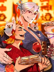 absurdres blonde_hair blue_kimono candy_apple closed_eyes food fox_mask hair_ornament highres japanese_clothes kagaya_(kagaya0915) kimetsu_no_yaiba kimono mask mask_on_head mouse_(animal) noodles open_mouth red_eyes red_hair red_kimono rengoku_kyoujurou smile uzui_tengen white_hair 