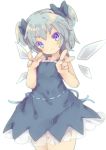  alternate_hairstyle blue_dress blue_eyes blue_hair blush bow cirno double_v dress hair_bow head_tilt looking_at_viewer masirosu short_hair smile solo touhou twintails v wings 
