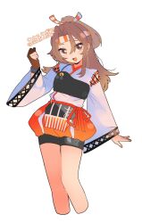  1girl :d archery_shooting_glove blush breasts brown_eyes brown_gloves brown_hair cropped_legs dated eto_(etonomemo1008) feet_out_of_frame gloves hachimaki hakama hakama_shorts headband high_ponytail highres japanese_clothes kantai_collection kimono long_hair long_sleeves looking_at_viewer muneate open_mouth parted_bangs partially_fingerless_gloves ponytail shorts sidelocks simple_background single_glove small_breasts smile solo thighs twitter_username white_background white_kimono wide_sleeves zuihou_(kancolle) 