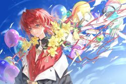  1girl ange_katrina ange_katrina_(1st_costume) atsuo0v0 balloon bird black_coat blue_background blue_eyes book cardigan character_doll closed_mouth coat commentary_request daffodil doll eyeshadow falling_paper flask flower glasses glint hair_between_eyes hair_intakes hair_ornament hairclip headphones highres light_particles long_bangs looking_at_viewer lossy-lossless magnifying_glass makeup mandragora_(ange_katrina) medium_hair nijisanji off_shoulder open_book pink_eyeshadow red_cardigan red_hair red_ribbon ribbon round-bottom_flask round_eyewear smile solo stitched test_tube triangle_hair_ornament unworn_eyewear upper_body virtual_youtuber yellow_flower 