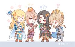  ! !! 4boys ? ?? artist_name blue_cape boots bow brown_boots brown_gloves cape chibi chibi_only closed_eyes commission doll english_commentary english_text facing_another fire_emblem fire_emblem:_path_of_radiance fire_emblem:_the_blazing_blade fire_emblem_echoes:_shadows_of_valentia fire_emblem_fates fire_emblem_heroes flower gloves gold_bow green_cape hair_bow happy_aura holding holding_doll holding_staff kliff_(fire_emblem) looking_at_another looking_at_doll lucius_(fire_emblem) male_corrin_(fire_emblem) male_focus mootecky multiple_boys notice_lines open_mouth pointy_ears soren_(fire_emblem) staff white_cape 