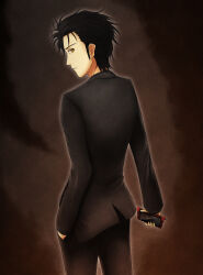  1boy absurdres back black_hair black_pants black_suit cellphone commentary_request cowboy_shot from_behind highres holding holding_phone long_sleeves looking_back male_focus okabe_rintarou pants phone science_adventure short_hair solo standing steins;gate suit taba_neruko yellow_eyes 