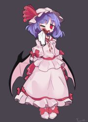  1girl absurdres bat_wings blood blood_on_mouth bow brooch dress frilled_dress frilled_hat frilled_sleeves frills full_body grey_background handkerchief hat hat_ornament hat_ribbon highres holding holding_handkerchief imerald jewelry long_sleeves looking_at_viewer mob_cap one_eye_closed pink_dress pink_shoes puffy_sleeves purple_hair red_bow red_eyes red_ribbon remilia_scarlet ribbon shoes short_hair simple_background smile solo standing touhou washing_face wings wiping_blood wiping_mouth 
