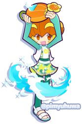  1girl aqua_shirt arms_up blonde_hair commentary_request floral_print green_leggings green_shorts holding jack-o'-lantern leggings leggings_under_shorts looking_at_viewer official_style open_clothes open_mouth open_shirt orange_eyes pimyuhuwa print_shorts pumpkin pumpkin_(puyopuyo) pumpkin_hat puyopuyo puyopuyo_quest sandals shirt short_shorts shorts simple_background smile solo standing standing_on_one_leg twitter_username water white_background white_sandals white_shirt 