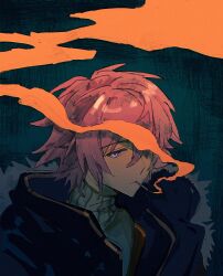  1boy blank_stare blue_jacket close-up colored_smoke commentary dark dark_background fur-trimmed_jacket fur_trim glowing glowing_eye highres hood hood_down i70936976 jacket looking_to_the_side male_focus morichika_haruki one_eye_covered pink_hair sekai_metsubou_kyouyuu_gensou_mamiya short_hair smoke smoke_trail smoking sweater turtleneck turtleneck_sweater untranslatable_commentary violet_eyes 
