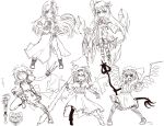  5girls altria9 book flandre_scarlet hat hong_meiling izayoi_sakuya kumonji_aruto laevatein long_hair looking_at_viewer monochrome multiple_girls open_mouth patchouli_knowledge remilia_scarlet sekaiju_no_meikyuu short_hair simple_background smile solo spear_the_gungnir touhou white_background wings 