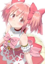 1girl absurdres blush bow bowtie closed_mouth cocoa_(ultra_mdk) commentary_request dress gem hair_ribbon highres kaname_madoka kaname_madoka_(magical_girl) looking_at_viewer mahou_shoujo_madoka_magica mahou_shoujo_madoka_magica:_walpurgis_no_kaiten mahou_shoujo_madoka_magica_(anime) medium_hair pink_bow pink_bowtie pink_eyes pink_gem pink_hair red_dress red_ribbon ribbon sidelocks simple_background smile solo soul_gem_(madoka_magica) twintails white_background