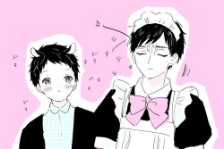  2boys animal_ears apron black_hair blush bow closed_eyes closed_mouth crossdressing crossdressing_(mtf) kuma_yoyoyo looking_at_another maid maid_headdress male_focus male_maid multiple_boys pink_background pink_bow puffy_short_sleeves puffy_sleeves sabi_no_yume sheep_boy sheep_ears shirt short_hair short_sleeves simple_background takanori_shindou toshio_(sabi_no_yume) white_apron 