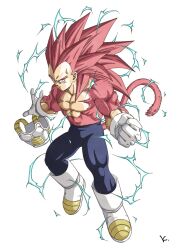  1boy black_pants boots clenched_hands commentary_request dragon_ball full_body gloves highres kakeru_(dbskakeru) long_hair looking_at_viewer monkey_tail pants pink_hair simple_background solo spiky_hair super_saiyan super_saiyan_4 tail topless_male toriyama_akira_(style) vegeta white_background white_boots white_gloves 