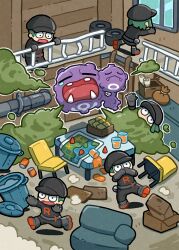  2girls 3boys :< bag belt black_pants black_shirt boots box brown_bag can cardboard_box chibi closed_eyes closed_mouth covering_own_mouth drink dust elbow_gloves fangs fleeing floating game_asset gas glass gloves great_ball green_hair grey_belt grey_boots grey_gloves indoors industrial_pipe map_(object) multiple_boys multiple_girls multiple_heads official_art open_mouth pants poke_ball pokemon pokemon_(creature) pokemon_firered_and_leafgreen pokemon_tcg pokemon_tcg_pocket railing sack shadow shimarisu_yukichi shirt short_hair single_tear spill spilled_drink table team_rocket team_rocket_grunt team_rocket_uniform teeth third-party_source tongue trash_can unused_tire waist_poke_ball weezing window 