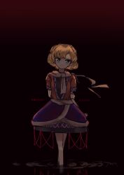  1girl absurdres arms_behind_back black_background blonde_hair brown_shirt closed_mouth commentary_request green_eyes highres looking_at_viewer mizuhashi_parsee neruzou pointy_ears purple_skirt red_background red_ribbon ribbon shirt short_hair short_sleeves skirt solo standing touhou translation_request wading white_shirt 