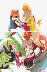  1girl :d ;d age_progression aged_down alternate_color black_cape black_choker blaziken braid brown_hair cape charizard charmander choker commentary crossover earrings flygon furen_e_lustario gold_medal half_up_braid highres hoop_earrings jewelry kougi_hiroshi long_hair long_sleeves medal midriff multiple_views nail_polish navel nijisanji off-shoulder_shirt off_shoulder official_alternate_costume one_eye_closed pokemon pokemon_(creature) red_eyes red_nails red_shirt shiny_pokemon shirt short_sleeves smile torchic trapinch virtual_youtuber white_background 