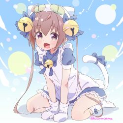  1girl :d absurdres animal_ears animal_hands animal_hat apron bell blue_background blue_bow blue_dress blush bow brown_hair cat_ears cat_hat cat_tail commentary_request dejiko dress fang frilled_apron frilled_dress frills full_body gloves hair_bell hair_between_eyes hair_ornament hat highres icorasama jingle_bell long_hair looking_at_viewer maid_apron mittens momochi_tamate open_mouth paw_gloves puffy_short_sleeves puffy_sleeves short_sleeves sitting skin_fang slow_start smile socks solo tail tail_bow tail_ornament twintails twitter_username very_long_hair violet_eyes wariza white_apron white_gloves white_mittens white_socks 