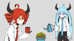  2girls ahoge black_horns black_pants blue_hair blue_necktie breast_pocket coffee coffee_mug collared_shirt cup dress_shirt drill_hair enemy_(vocaloid) flower flower_pot frilled_sleeves frills grey_background hair_between_eyes hatsune_miku highres holding holding_cup holding_watering_can horns kasane_teto long_hair long_sleeves mug multiple_girls necktie orange_flower pants pink_eyes pinocchio-p pocket red_hair red_necktie ringed_eyes scar scar_on_face shirt shirt_tucked_in short_hair simple_background synthesizer_v twin_drills twintails utau very_long_hair vocaloid watering watering_can white_shirt yellow_eyes yellow_flower 