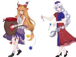  2girls ball_and_chain_restraint black_shoes blue_dress blue_eyes blue_hat bow braid brown_horns chinese_commentary closed_mouth commentary_request commission constellation_print cross cross_print dress full_body gourd grey_hair hair_bow hat high_heels highres holding holding_jar holding_spoon horn_ornament horn_ribbon horns ibuki_suika jar long_hair looking_at_viewer multiple_girls nurse_cap oni open_mouth orange_eyes orange_hair peng_lai_shan_mi_ku print_dress print_hat puffy_short_sleeves puffy_sleeves purple_skirt red_bow red_cross red_dress ribbon ribbon-trimmed_skirt ribbon_trim shirt shoes short_sleeves simple_background single_braid skirt smile socks spoon touhou two-tone_dress very_long_hair white_background white_shirt white_socks yagokoro_eirin 