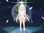  barefoot blue_eyes blush dress earth feet feet_in_water ia_(vocaloid) long_hair nokko petals planet reflection sitting smile soaking_feet solo space swing vocaloid water white_hair 