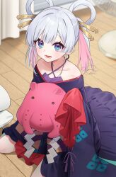  1girl aged_down animal_ears bare_shoulders between_legs blue_eyes blush cho_kaguya-hime! collarbone colored_inner_hair commentary_request curtains electric_fan floppy_ears hair_ornament hair_rings hair_stick halterneck hand_between_own_legs highres japanese_clothes kimono long_hair long_sleeves looking_at_viewer lop_rabbit_ears multicolored_hair open_mouth pillow pink_hair purple_kimono rabbit_ears runami_yachiyo runami_yachiyo_(tsukuyomi) sea_slug signature sitting smile solo sweatdrop twintails umbrella_octopus violet_eyes wariza white_hair wooden_floor yamamura_umi 