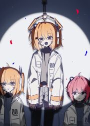 3girls :d a.i._voice adachi_rei adachi_rei_(utau) confetti grey_pants grey_shirt kasane_teto orange_eyes orange_hair red_hair utau white_jacket
