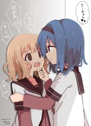  2girls @_@ az!_(azu) black_hairband blue_eyes blush brown_eyes brown_hair brown_sailor_collar commentary_request eye_contact furutani_himawari hairband hand_on_another's_chin heart highres layered_sleeves long_sleeves looking_at_another multiple_girls nanamori_school_uniform oomuro_sakurako open_mouth parted_lips sailor_collar school_uniform short_hair short_over_long_sleeves short_sleeves speech_bubble translation_request upper_body winter_uniform yuri yuruyuri 