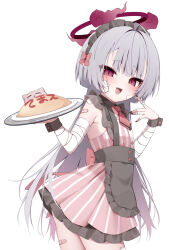  1girl alternate_costume apron bandaged_arm bandaged_fingers bandages black_apron blue_archive grey_hair halo highres kamu_(geeenius) long_hair looking_at_viewer open_mouth purple_halo shuro_(blue_archive) simple_background smile solo very_long_hair violet_eyes waitress white_background 