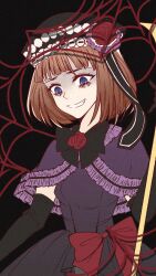  1girl black_gloves black_hat blunt_bangs bob_cut bow bowtie capelet chinese_commentary commentary_request crazy_eyes dress dress_bow elbow_gloves eva_beatrice flower frileld_capelet gloves grin hat hat_flower highres looking_down null0595 orange_hair purple_capelet purple_dress red_bow red_flower red_rose rose shaded_face short_hair silk smile spider_web umineko_no_naku_koro_ni 