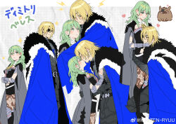  1boy 1girl absurdres armor arms_around_another's_waist black_boots black_shorts blonde_hair blue_cape blush boar boots breasts cape commentary cuirass cuisses dimitri_alexandre_blaiddyd dimitri_alexandre_blaiddyd_(timeskip) eyepatch faulds female_byleth_(awakened)_(fire_emblem) female_byleth_(fire_emblem) fire_emblem fire_emblem:_three_houses fur-trimmed_cape fur_trim gauntlets greaves green_eyes green_hair grid_background hand_on_another's_cheek hand_on_another's_face head_on_head head_rest heart height_difference hetero high_heel_boots high_heels highres hug ichizen_ryuu kiss knee_boots lace lace_pantyhose long_hair looking_at_another medium_breasts multiple_views official_alternate_eye_color official_alternate_hair_color one_eye_covered pantyhose paper_texture poleyn profile rerebrace short_hair short_shorts shorts untranslatable_commentary waist_hug watermark weibo_username weibo_watermark 