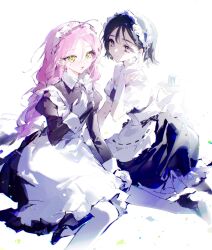  2girls absurdres alien_stage apron black_dress black_hair braid chinese_commentary commentary commission dress frilled_apron frills gloves green_eyes highres ipstar juliet_sleeves kenken_zhu_erduo long_hair long_sleeves maid maid_apron maid_headdress mihuashi_commission mizi_(alien_stage) multiple_girls official_alternate_costume pantyhose pink_hair puffy_short_sleeves puffy_sleeves second-party_source short_hair short_sleeves sitting sua_(alien_stage) twin_braids very_long_hair violet_eyes white_apron white_background white_gloves white_pantyhose 