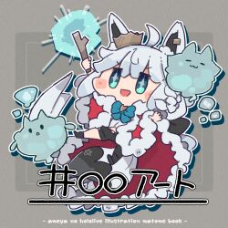  1girl :d ahoge ameya_(kappadoll) animal_ear_fluff animal_ears blue_bow blue_bowtie blue_hair blush_stickers bow bowtie cape chibi chibi_only commentary_request double-parted_bangs fox_ears fox_girl fox_tail full_body grey_background hair_between_eyes highres holding holding_stick hololive open_mouth outline red_cape shirakami_fubuki short_hair smile solo stick tail v-shaped_eyebrows virtual_youtuber white_outline 