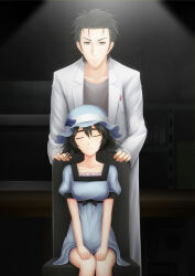 1boy 1girl ^_^ black_background black_hair blue_dress blue_hat breasts closed_eyes closed_mouth dress grey_shirt hat highres lab_coat medium_breasts okabe_rintarou science_adventure shiina_mayuri shirt short_hair short_sleeves sitting smile spotlight standing steins;gate sundress taba_neruko yellow_eyes 