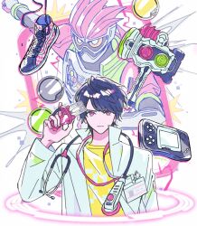  1boy black_hair commentary_request dual_persona gashacon_breaker hammer handheld_game_console highres houjou_emu kamen_rider kamen_rider_ex-aid kamen_rider_ex-aid_(action_gamer_level_2) kamen_rider_ex-aid_(series) lab_coat male_focus pink_eyes rider_gashat single_unworn_shoe stethoscope stethoscope_around_neck waya4696 wonderswan 