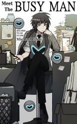  1boy brown_hair clipboard closed_mouth coat crossed_legs cubicle cup e.g.o_(project_moon) employee_(project_moon) grey_coat grey_vest highres lobotomy_corporation looking_at_viewer nugget_(project_moon) office orb paper_stack picture_frame project_moon short_hair sidelocks sitting smoke_(killscreen_s) solo sound_of_a_star_(e.g.o) sticky_note stool trash_can vest 