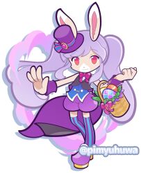  1girl animal_ears basket black_vest blue_thighhighs blue_vest bow bowtie coattails commentary_request easter easter_egg egg elbow_carry fewer_digits full_body furry furry_female hat holding holding_basket long_hair looking_at_viewer miralle_(puyopuyo) multicolored_thighhighs official_style open_mouth outstretched_arm pimyuhuwa pink_bow pink_bowtie purple_hair purple_hat purple_shoes purple_shorts purple_thighhighs puyopuyo puyopuyo_quest rabbit_ears rabbit_girl red_eyes shoes shorts simple_background smile solo standing striped_clothes striped_thighhighs tailcoat thigh-highs tilted_headwear top_hat twintails twitter_username two-tone_thighhighs vertical-striped_clothes vertical-striped_thighhighs very_long_hair vest white_background wrist_cuffs 