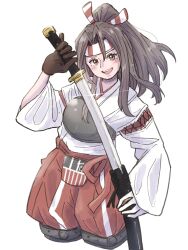  1girl absurdres brown_eyes brown_gloves commentary_request cowboy_shot cropped_legs gloves grey_hair hakama hakama_shorts headband highres japanese_clothes kantai_collection katana kimono ld_(luna_dial398) long_hair one-hour_drawing_challenge ponytail red_shorts sheath shorts simple_background single_glove solo striped_headband sword unsheathing upper_body weapon white_background white_kimono wide_sleeves zuihou_(kancolle) 