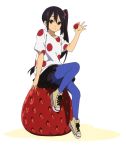  absurdres alternate_hairstyle blue_legwear food fruit hair_bobbles hair_ornament highres k-on! listen!! nakano_azusa official_art oversized_object pantyhose polka_dot shoes side_ponytail simple_background strawberry white_background 