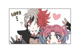 1boy 1girl black_gloves choker english_text facepaint fire_emblem fire_emblem:_fortune's_weave gloves heart jester_(fire_emblem) multicolored_hair nana_(7starssovereign) oc_x_canon original popped_collar upper_body white_background 