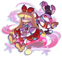  +_+ 1boy 1girl :p alicia_(puyopuyo) animal_ears belt black_belt black_hat black_socks blonde_hair blue_bow blue_bowtie blue_eyes boots bow bow_hairband bowtie brown_boots closed_mouth commentary_request dress furry furry_male hairband hat holding holding_pocket_watch jacket long_hair mittens mushroom official_style on_mushroom one_eye_closed pantyhose pimyuhuwa pocket_watch puffy_short_sleeves puffy_sleeves puyopuyo puyopuyo_quest rabbit_boy rabbit_ears rabbit_tail red_bow red_dress red_eyes red_shirt shaded_face shirt short_sleeves simple_background sitting skirt smile snowflakes socks sparkle tail toeless_legwear tongue tongue_out top_hat twitter_username v_arms very_long_hair watch white_background white_jacket white_mittens white_pantyhose white_rabbit_(puyopuyo) white_skirt white_sleeves 