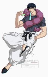  1boy baggy_pants black_hair commentary_request covered_abs covered_collarbone covered_pectorals fushiguro_toji green_eyes hand_in_pocket highres inventory_curse_(jujutsu_kaisen) invisible_chair jujutsu_kaisen looking_at_viewer male_focus mouth_hold pants papico_(ice_cream) pectorals sashiyu short_hair simple_background sitting solo teeth_hold watermark white_background white_pants 