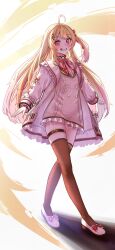  1girl absurdres ahoge black_thighhighs blonde_hair dress full_body hair_ornament highres hololive hololive_dev_is jacket kei165892 long_hair looking_at_viewer musical_note musical_note_hair_ornament open_clothes open_jacket otonose_kanade red_eyes shoes side_ponytail solo standing teeth thigh-highs thigh_strap virtual_youtuber white_dress white_jacket white_shoes 