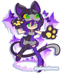  1girl animal_hands animal_hat asymmetrical_legwear asymmetrical_sleeves black_bow black_bowtie black_gloves black_shirt black_sleeves black_thighhighs bow bowtie buttons cat_hat cat_tail checkered_clothes checkered_legwear clawed_gloves commentary_request fake_tail full_body glove_nails gloves green_eyes grey_shirt grey_shorts hat mismatched_legwear mismatched_sleeves mismatched_thighhighs multicolored_shirt nyangurumi_(puyopuyo) official_style parted_lips paw_gloves pimyuhuwa purple_bow purple_bowtie purple_hair purple_shirt purple_shoes purple_sleeves purple_thighhighs puyopuyo puyopuyo_quest shirt shoes short_hair short_sleeves shorts simple_background smile solo sparkle standing standing_on_one_leg striped_clothes striped_shorts tail thigh-highs twitter_username two-tone_bow two-tone_bowtie vertical-striped_clothes vertical-striped_shorts white_background 