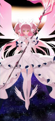 1girl absurdres bow bow_(weapon) breasts chest_jewel choker commentary covered_navel dress expressionless full_body gem gloves hair_bow hands_up highres holding holding_bow_(weapon) holding_weapon kaname_madoka legs_together light_frown long_hair mahou_shoujo_madoka_magica mahou_shoujo_madoka_magica_(anime) onigiri716 pink_hair red_gem sky small_breasts solo soul_gem_(madoka_magica) star_(sky) starry_sky thighhighs ultimate_madoka very_long_hair weapon white_bow white_choker white_dress white_gloves yellow_eyes
