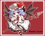  ascot bat_wings blue_hair chain chains character_name chibi dnk fang hat open_mouth polearm red_background red_eyes remilia_scarlet short_hair solo spear touhou weapon wings 