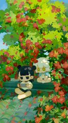  2boys animal_ears barefoot black_hair cat_boy cat_ears chibi chibi_only choker double_bun flower food fruit hair_bun handheld_game_console highres hood hoodie luo_xiaohei luo_xiaohei_(human) male_focus multiple_boys nezha_(the_legend_of_luo_xiaohei) official_art on_roof outdoors petals red_flower shorts sitting socks the_legend_of_luo_xiaohei tile_roof tree watermelon watermelon_slice white_hair white_socks zaoshu 