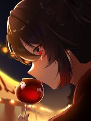  1girl black_nails brown_hair candy_apple close-up closed_mouth commentary_request flower-shaped_pupils food genshin_impact hair_between_eyes highres holding holding_candy_apple holding_food hu_tao_(genshin_impact) lantern long_hair looking_at_viewer paper_lantern red_eyes roa_inu sideways_glance solo summer_festival symbol-shaped_pupils 
