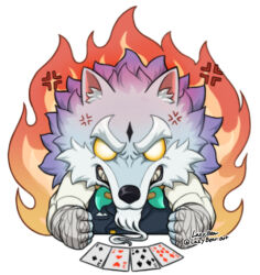  1boy anger_vein angry animal_ears card clenched_hands clenched_teeth commentary_request fire furry furry_male korean_commentary law_(sdorica) lazybears male_focus playing_card sdorica teeth white_background wolf_boy wolf_ears 