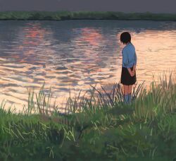  1girl arms_behind_back black_hair black_skirt blue_shirt blue_socks commentary_request grass highres original realyangtuo river shirt short_hair skirt socks solo standing water 