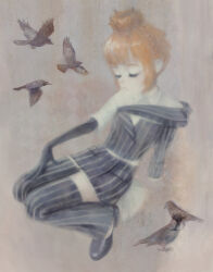  1girl asymmetrical_shirt asymmetrical_sleeves bird black_gloves black_shirt black_shoes black_skirt braid closed_eyes cross crow crown_braid detached_pants elbow_gloves feet_up_heels_up full_body gloves grey_background hair_bun hand_on_own_thigh highres latin_cross mylene_farmer orange_eyes painterly real_life shirt shoes single_glove single_hair_bun skirt solo striped_clothes striped_shirt three-quarter_sleeves tseiri two-tone_shirt vertical-striped_clothes vertical-striped_shirt white_shirt 