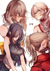  4girls aerith_gainsborough arm_ribbon bare_shoulders black_hair black_vest blue_eyes braid braided_ponytail breasts brown_hair choker closed_eyes closed_mouth english_commentary final_fantasy final_fantasy_vii final_fantasy_vii:_advent_children final_fantasy_vii_remake final_fantasy_x final_fantasy_xiii final_fantasy_xiii-2 hair_ribbon heart highres jacket jewelry long_hair low_side_ponytail medium_breasts medium_hair midriff_peek multiple_girls navel necklace nontraditional_miko parted_bangs pink_hair pink_ribbon red_choker red_jacket red_ribbon ribbon sera_(serappi) serah_farron side_ponytail simple_background strapless tank_top tifa_lockhart tube_top upper_body vest white_background white_tank_top white_tube_top yuna_(ff10) 