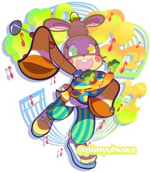  1other alternate_costume animal_ears aqua_pants asymmetrical_footwear balthasar_(puyopuyo) blue_bow blue_bowtie bow bowtie buck_teeth carrot commentary_request cooking_pot drooling eighth_note furry green_eyes holding holding_cooking_pot holding_ladle ladle long_sleeves mouth_drool musical_note musical_staff official_style open-toe_shoes open_mouth other_focus outstretched_arm overflowing pants pimyuhuwa puyopuyo puyopuyo_quest rabbit_ears rabbit_tail shaded_face shirt shoes simple_background sleeves_past_fingers sleeves_past_wrists smile solo standing standing_on_one_leg star-shaped_pupils star_(symbol) striped_clothes striped_pants symbol-shaped_pupils tail teeth twitter_username vertical-striped_clothes vertical-striped_pants white_background yellow_shirt yellow_shoes 