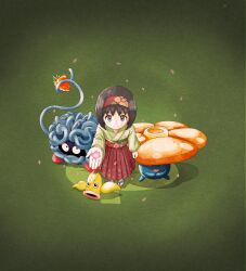  1girl absurdres berry black_hair brown_eyes erika_(pokemon) flower food from_above fruit full_body green_background green_kimono hairband hakama hakama_skirt highres holding holding_flower holding_food holding_fruit japanese_clothes kimono looking_at_viewer looking_up outstretched_hand petals plant pokemon pokemon_(creature) red_hairband red_hakama sandals skirt smile socks tabi tangela vileplume vines weepinbell white_socks zouri 