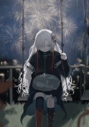 1girl 77inr asymmetrical_footwear asymmetrical_legwear asymmetrical_sleeves black_coat black_gloves black_thighhighs boots cat coat commentary expressionless fingerless_gloves fireworks flower gloves grey_eyes grey_hair hair_flower hair_ornament hair_over_one_eye half-closed_eyes highres isekaijoucho kamitsubaki_studio knee_boots long_hair looking_down multicolored_hair official_alternate_costume on_swing one_eye_covered outdoors red_boots red_hair shorts side_part sidelocks single_fingerless_glove single_glove single_knee_boot single_thigh_boot single_thighhigh sitting swing thigh-highs thigh_boots uneven_legwear uneven_sleeves untranslatable_commentary white_shorts zipper zipper_pull_tab 